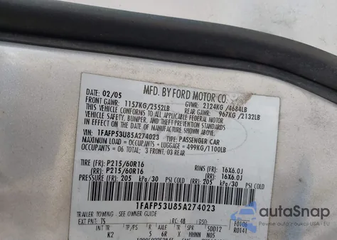 2005 Ford Taurus Se из США, поврежденный, VIN 1FAFP53U85A274023